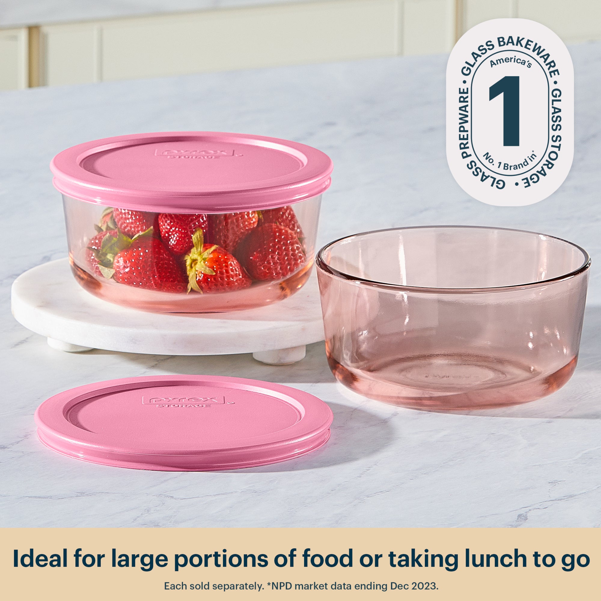 Pyrex® Simply Store® Tinted Glass 4-cup Round Storage Container with Lid. Pink - Image 3