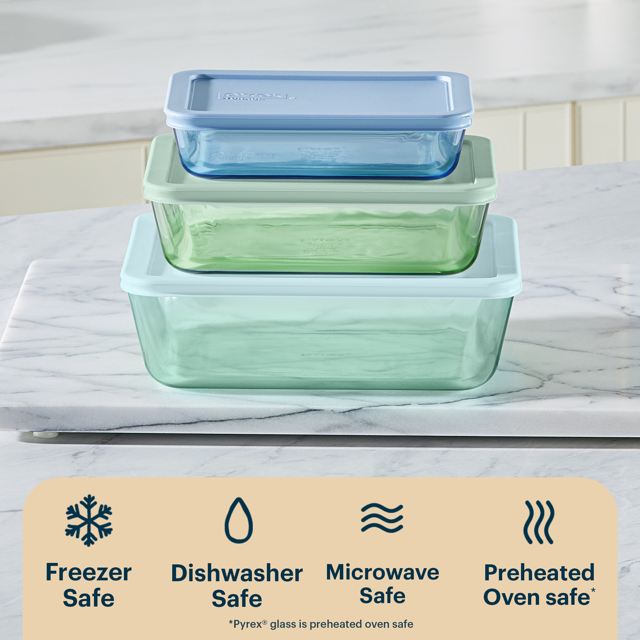 Pyrex® Simply Store® Tinted Glass Rectangle Storage Containers. 6-pc Set. Mixed Colors - Image 4
